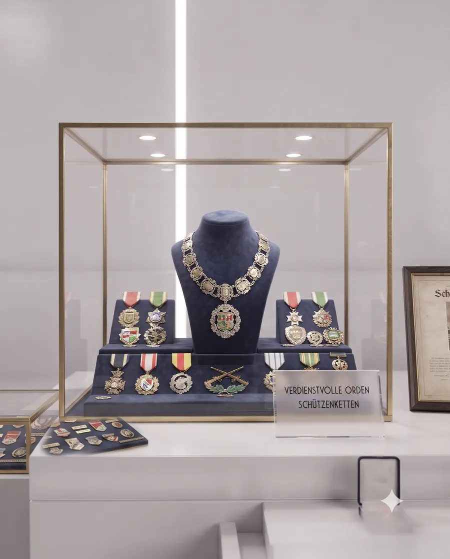 Verdienstvolle Orden, Abzeichen und Schützenketten mit Gravur in Vitrine – Wilhelm Pokale Garbsen Verdienstvolle Orden, Abzeichen und Schützenketten mit Gravur in Vitrine – Wilhelm Pokale Garbsen