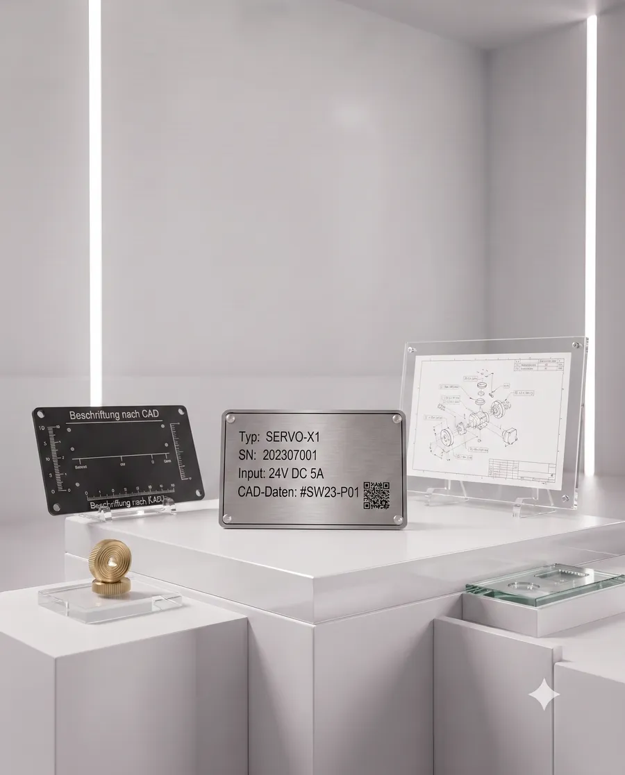 Technische Gravur: Typenschild, CAD-Zeichnung und Skala mit QR-Code auf Metall – Wilhelm Pokale Garbsen Technische Gravur: Typenschild, CAD-Zeichnung und Skala mit QR-Code auf Metall – Wilhelm Pokale Garbsen
